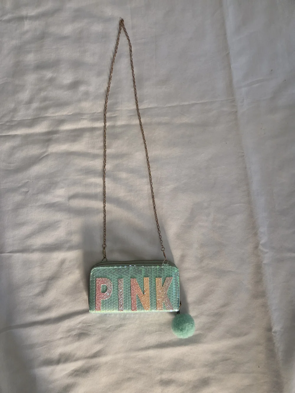 PINK Victoria's Secret Mint Sequin Clutch with Pink Glitter Logo